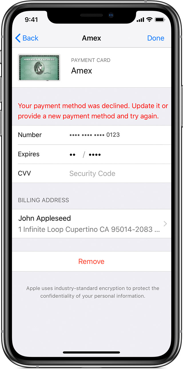 iPhone showing the details that appear when you tap a payment method. An error message says, 'Your payment was declined. Update it or provide a new payment method and try again.'