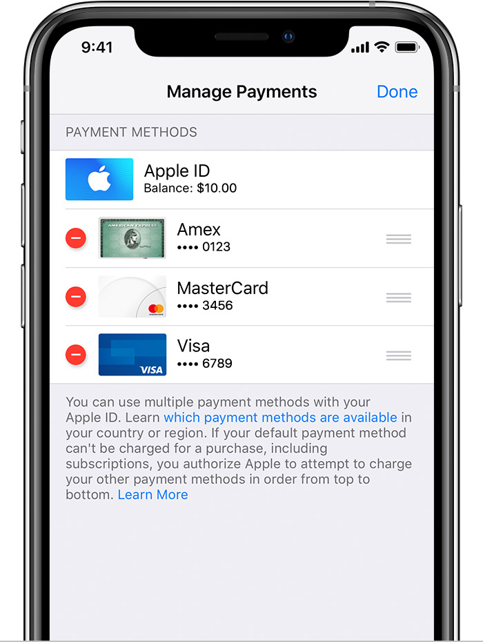 On the Manage Payments page, after you tap Edit, you can tap to remove or reorder payment methods.
