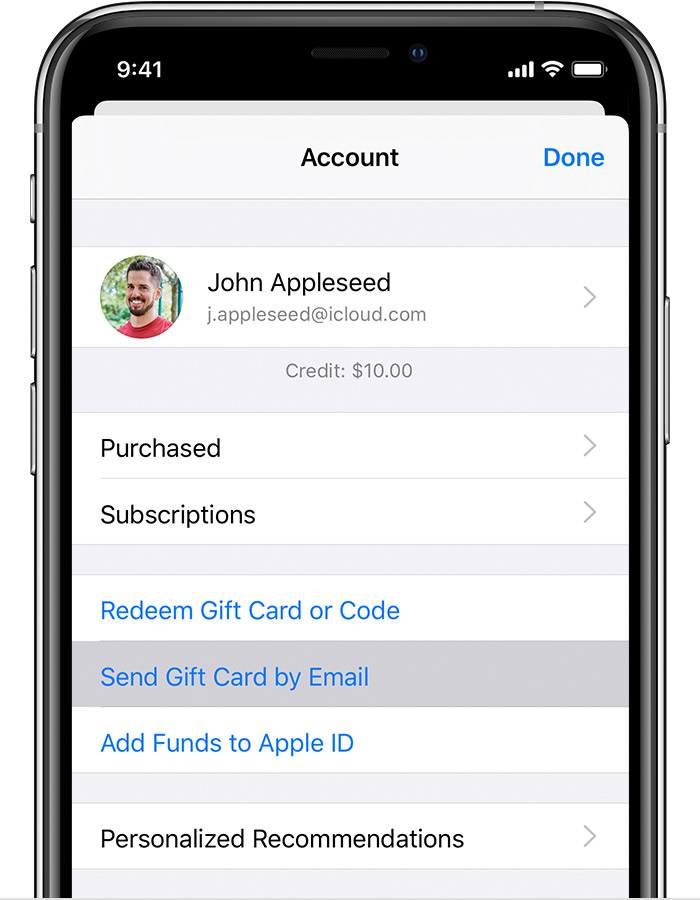 iPhone, който показва опцията Send Gift Card by Email (Изпращане на подаръчна карта по имейл).