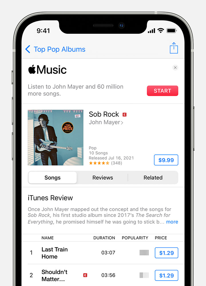 „iPhone“ įrenginys, kuriame rodoma „iTunes Store“ galima įsigyti daina