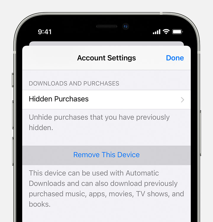 iPhone, ki v razdelku »Account Settings« (Nastavitve računa) prikazuje možnost »Remove This Device« (Odstrani to napravo).