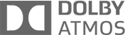 Dolby Atmos badge. A grey rectangle with two white semi circles with the rounded side facing each other inside of it. Dolby Atmos is on the right all in caps, and Dolby is on top of Atmos.