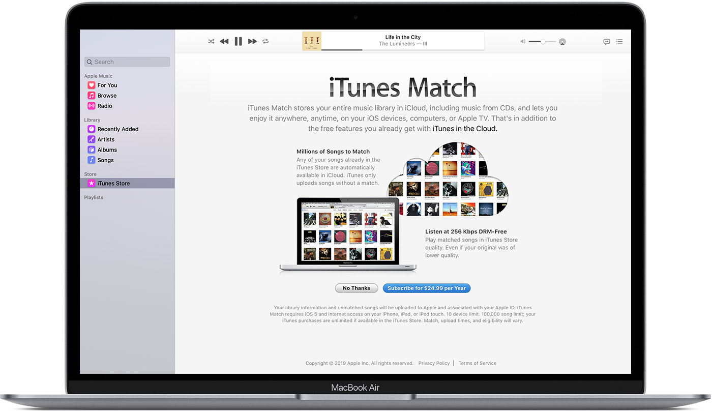 A Mac showing the subscribe to iTunes Match screen in the Apple Music app.