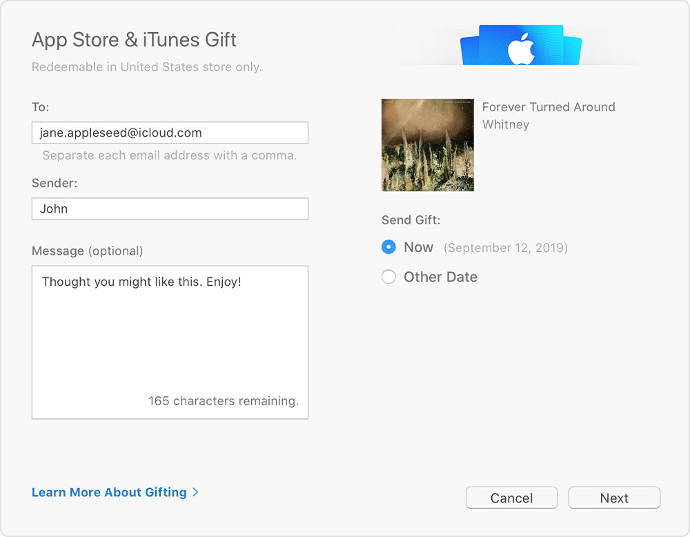 Страницата за подаръци на App Store и iTunes, която показва къде да въведете имейла на своя получател и съобщение по желание.