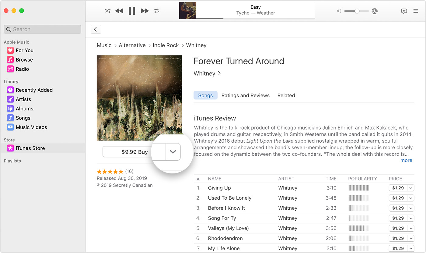 iTunes Store, който показва албум на Уитни, който можете да изпратите като подарък.