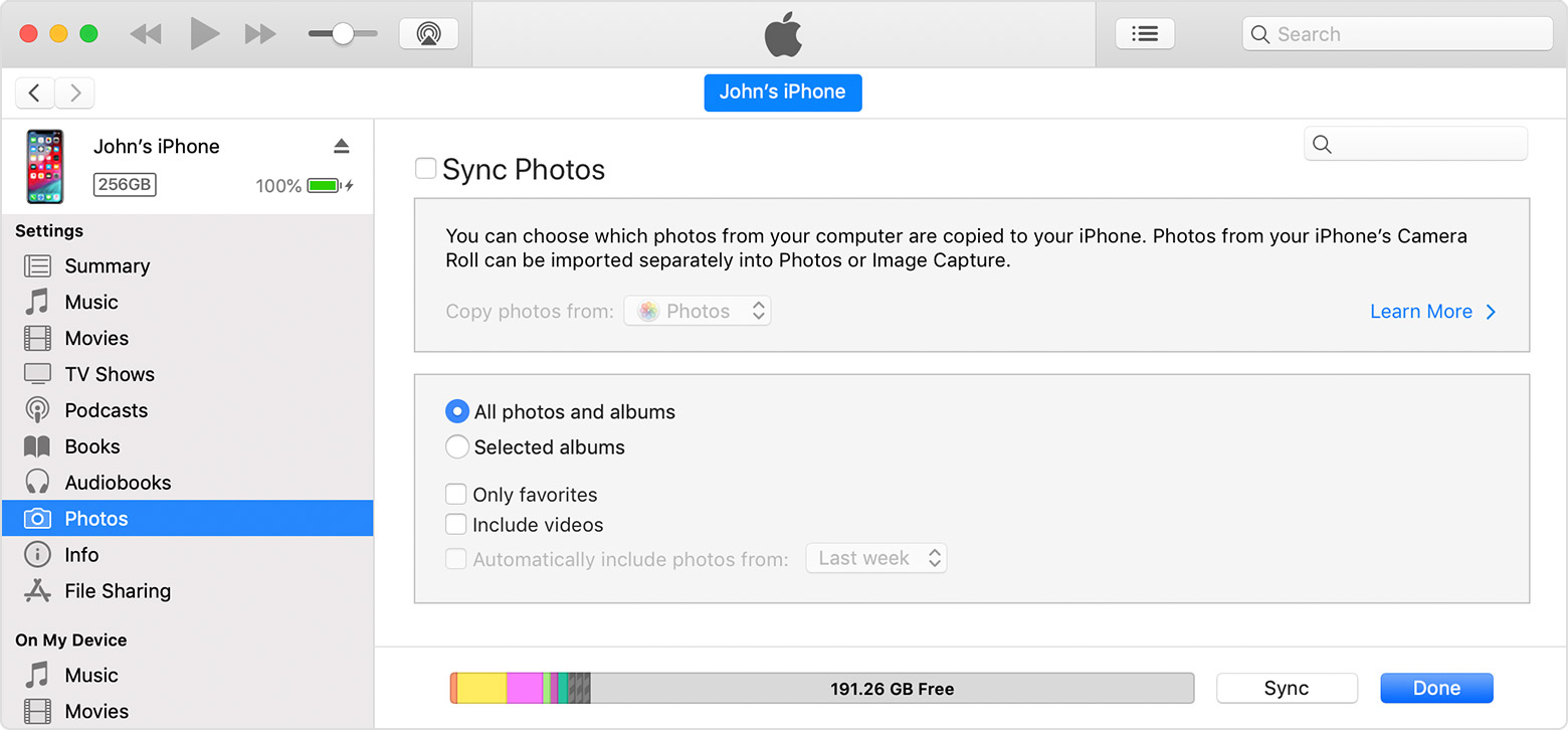 Photos selected in iTunes sidebar