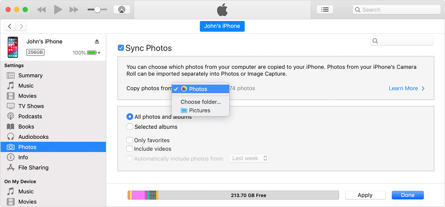 choosing the location of photos to be synced in iTunes