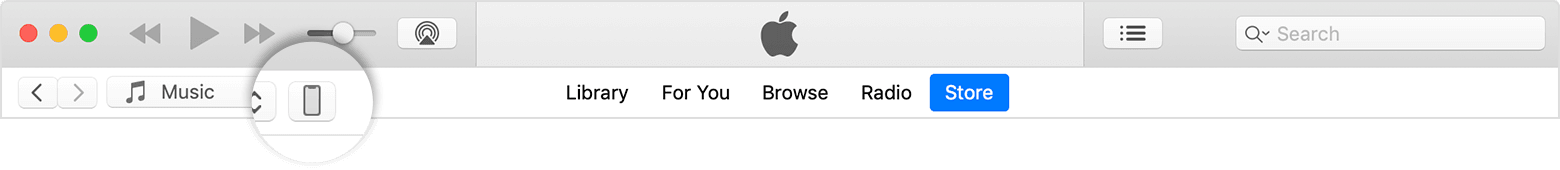 Ikona naprave v zgornjem levem kotu okna aplikacije iTunes.