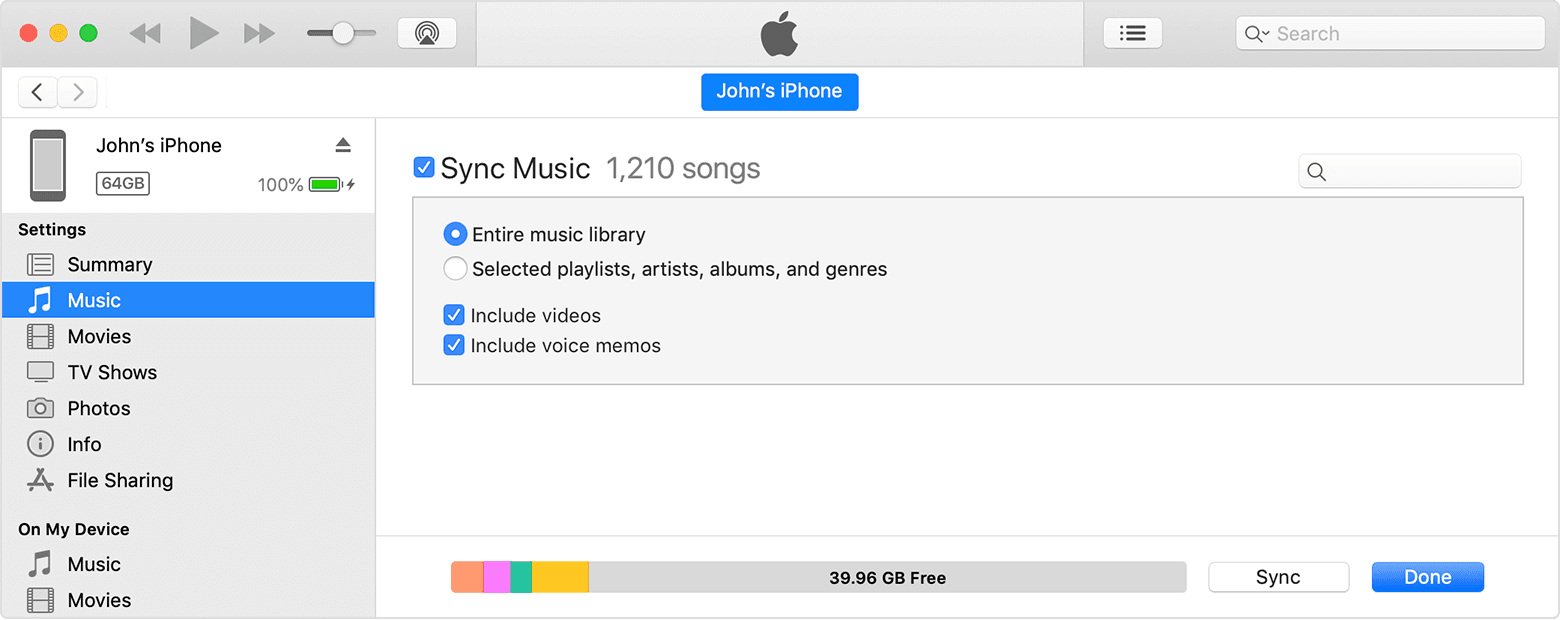 Käsu Sync Music (Sünkrooni muusika) kõrval olev märkeruut iTunesis.