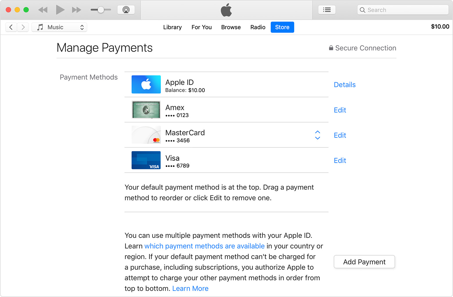 Manage Payments page in iTunes showing Apple ID balance and some credit cards.
