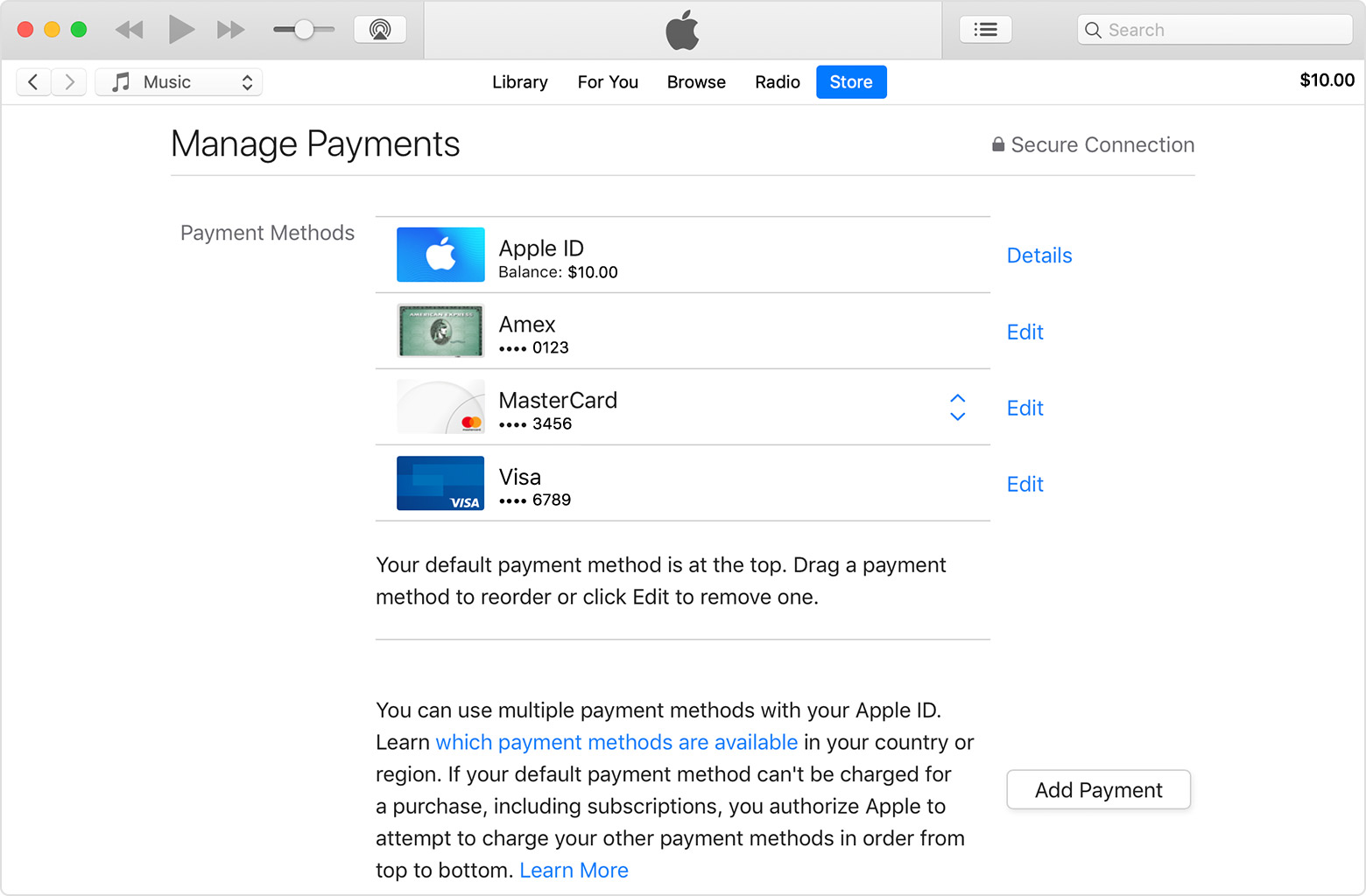 manage payments page in itunes showing apple id balance and some credit cards - fortnite how to remove credit card