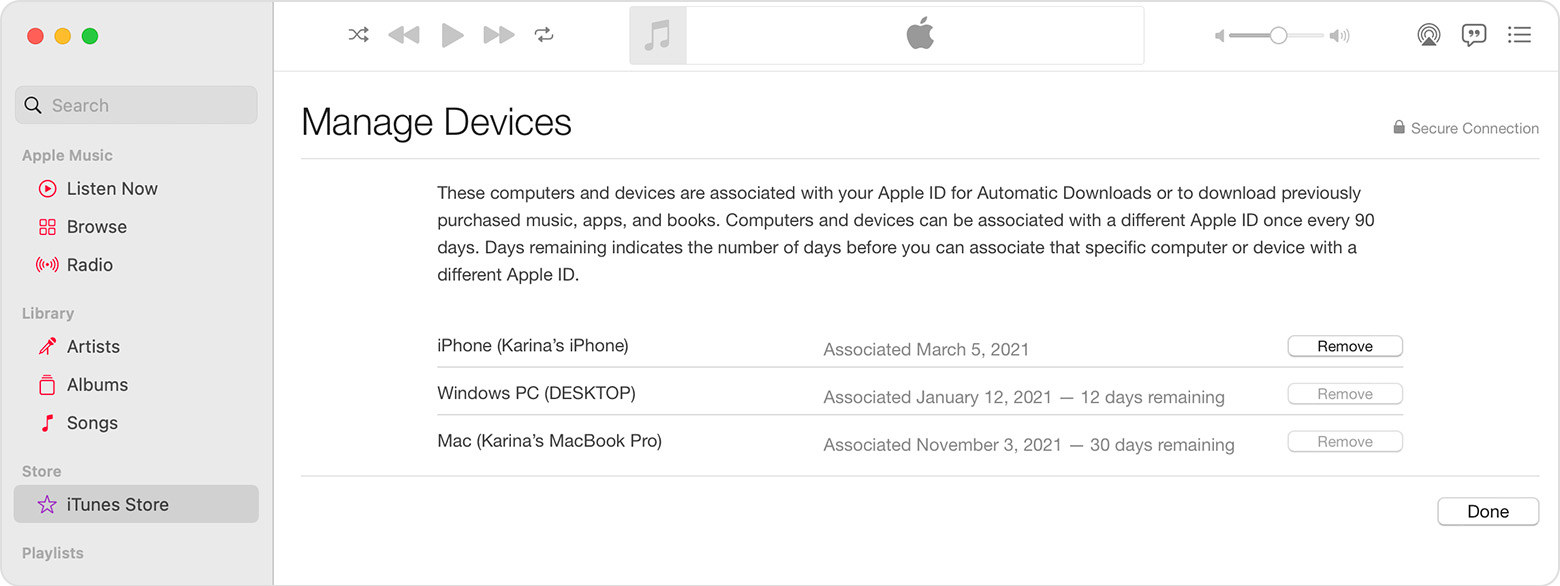 Екран комп’ютера Mac, на якому показано список із трьох пристроїв. Кнопка «Видалити» недоступна для деяких пристроїв зі списку.