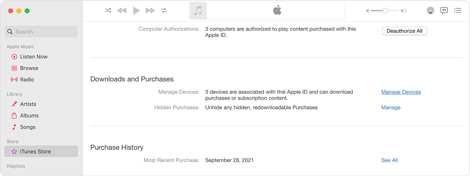 Mac 顯示「Downloads and Purchases」（下載項目與購買項目）之下的「管理裝置」選項。