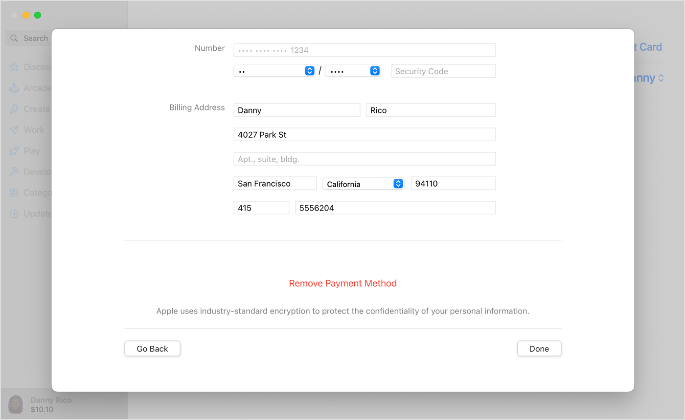 Remove Payment Method (fjern betalingsmåte) vises under faktureringsadressen.