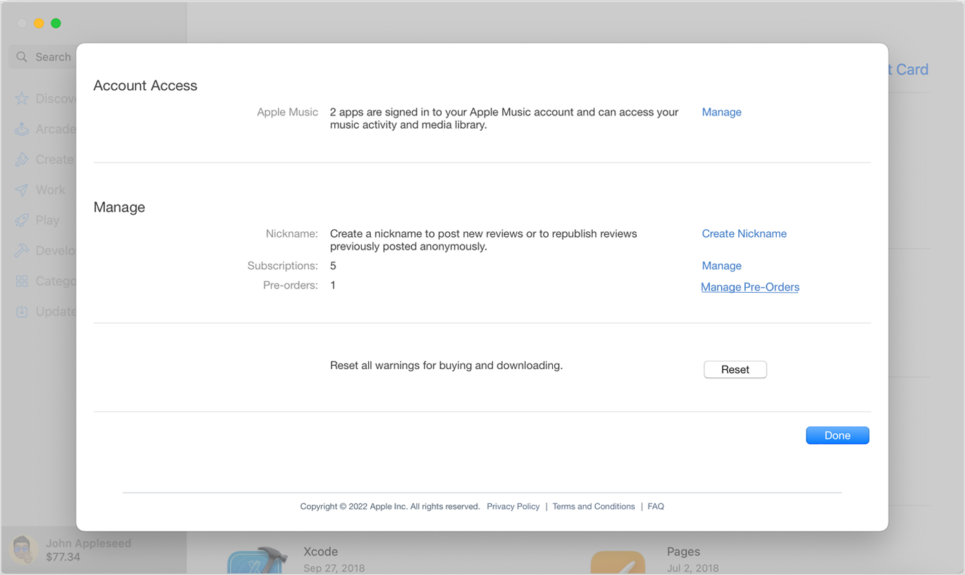 Mac 上的 App Store 中的“管理预订”按钮。