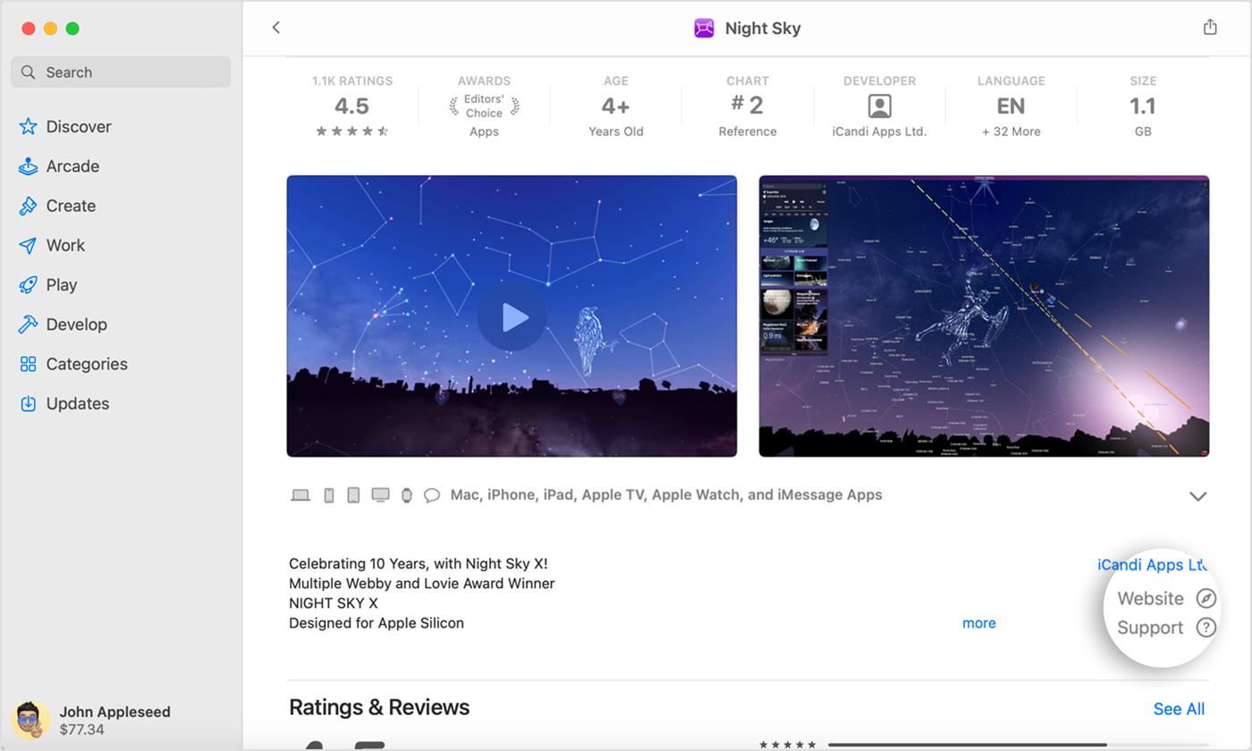 In the App Store on Mac, find the Support or App Support button near the ratings and reviews.