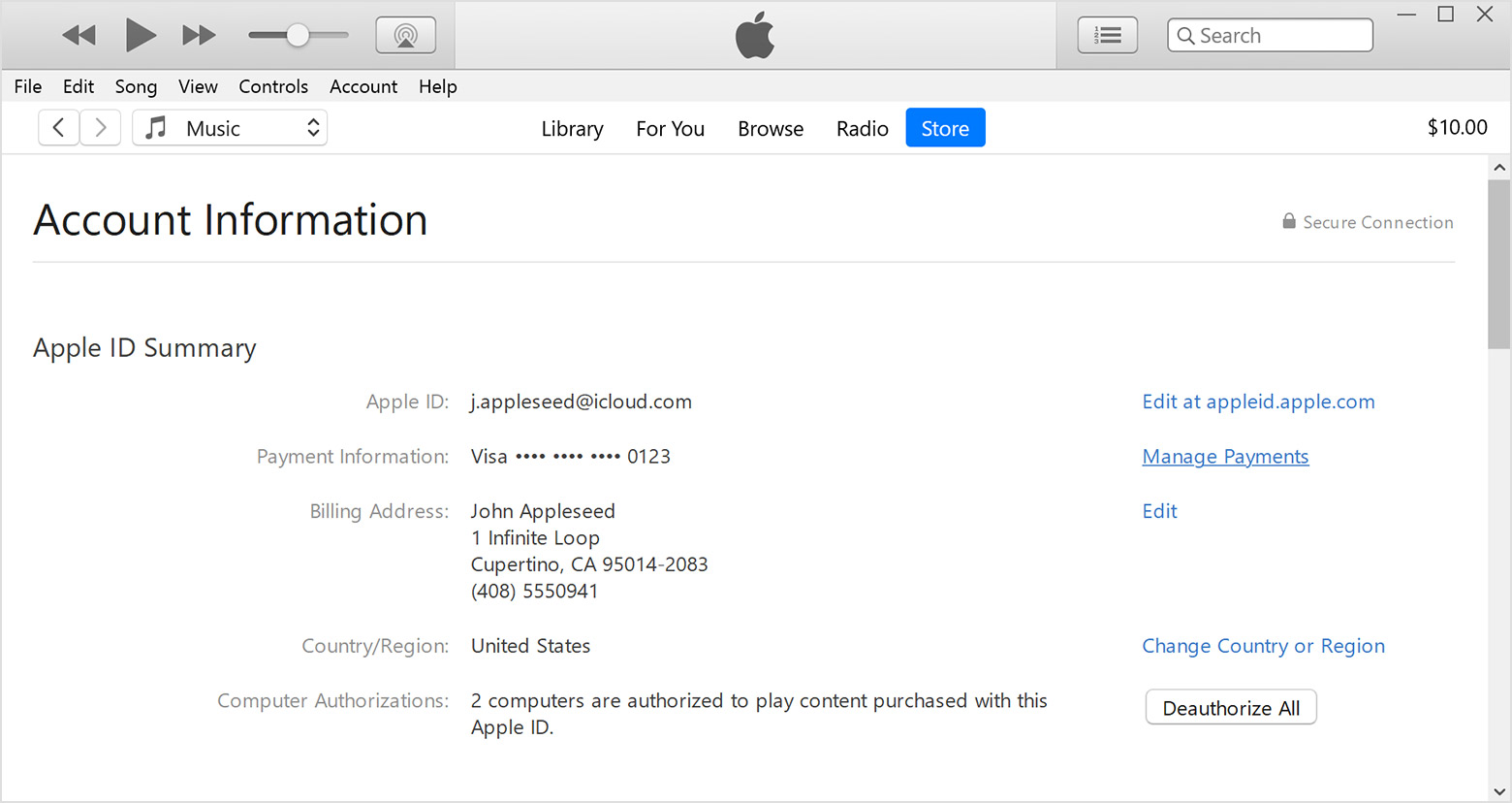 Account Information page in iTunes showing payment information, billing address, and other information related to Apple ID.