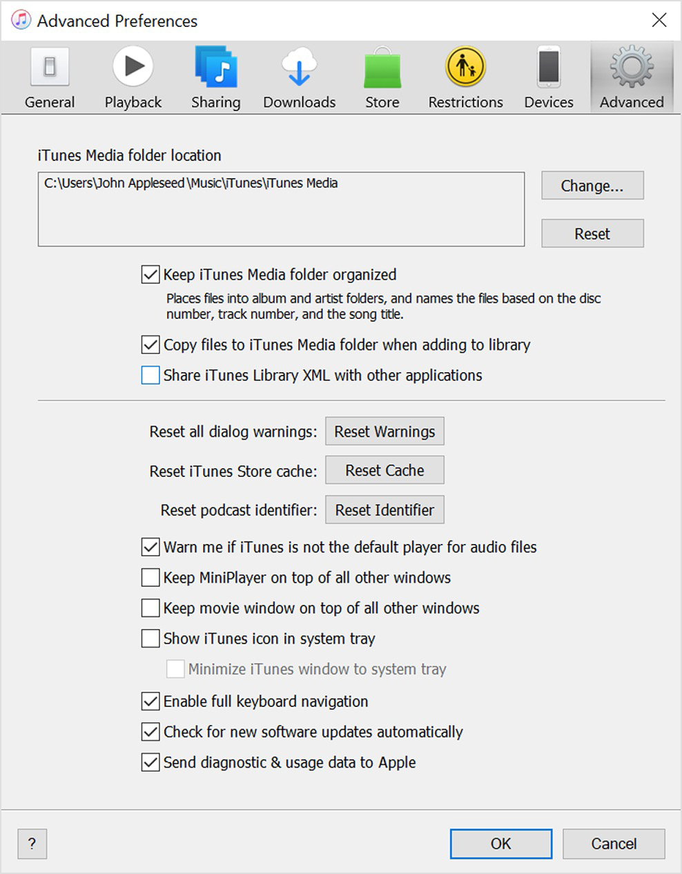 Advanced Preferences screen showing iTunes Media folder location 