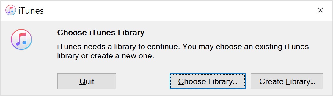 iTunes message showing Choose Library selected