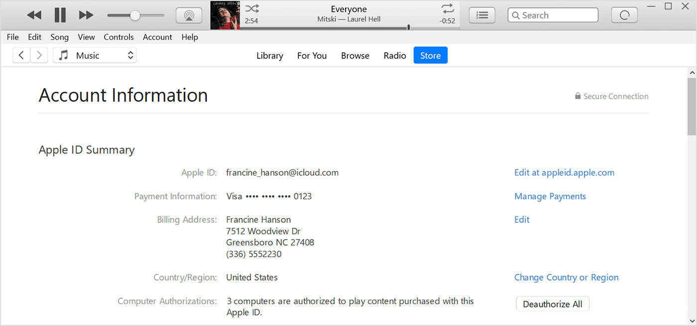 iTunes con la página Información de la cuenta
