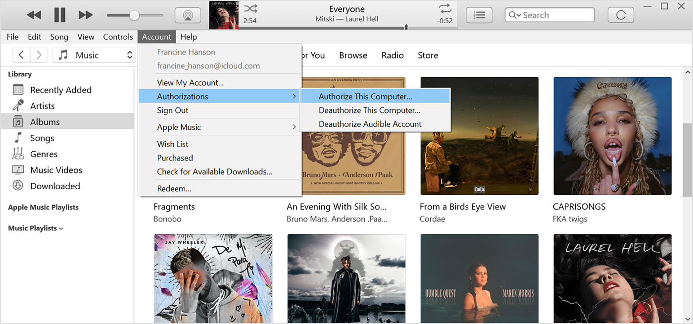 iTunes mostrando o menu Conta, Autorizações e 