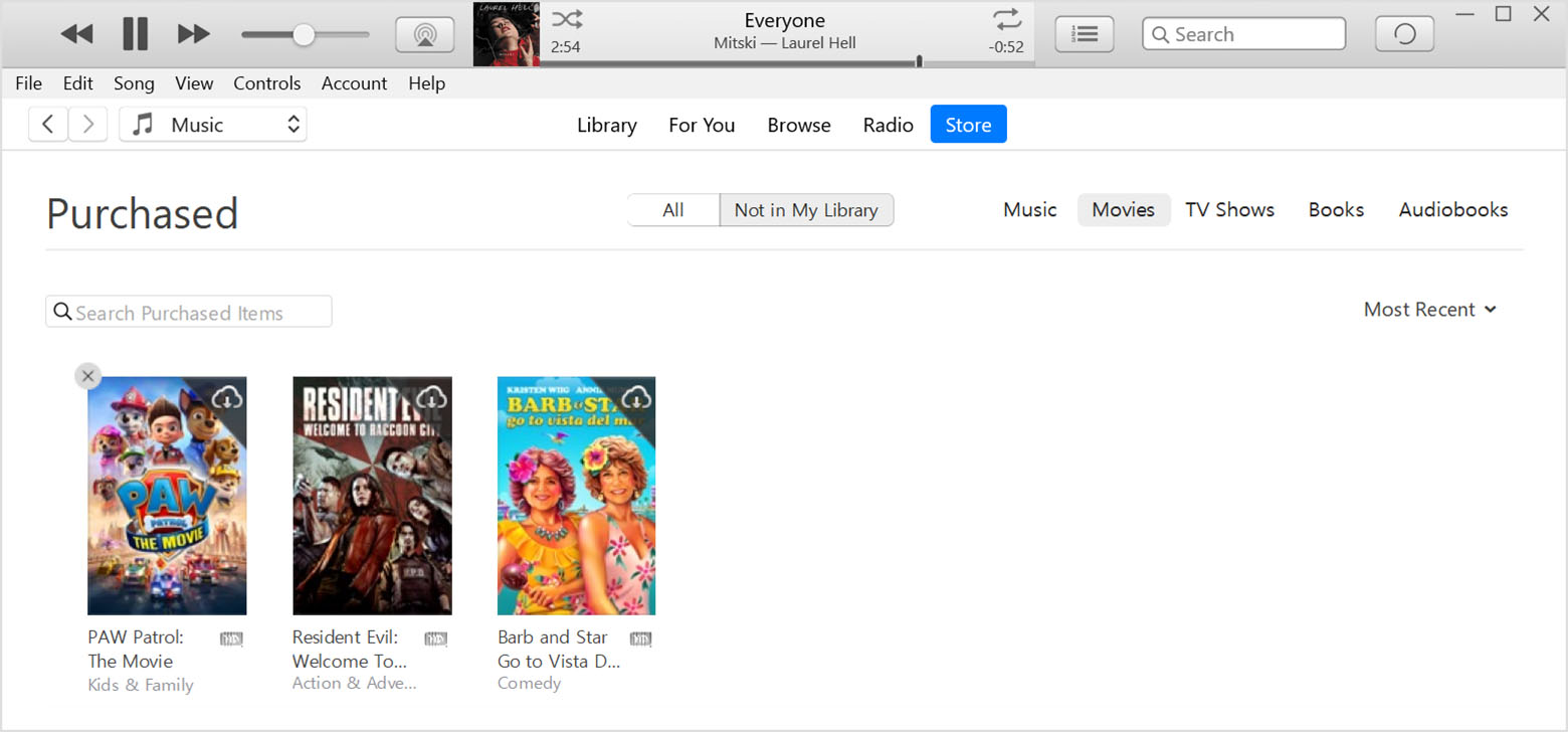 A Vásárlás elrejtése gomb az iTunes PC-verziójában