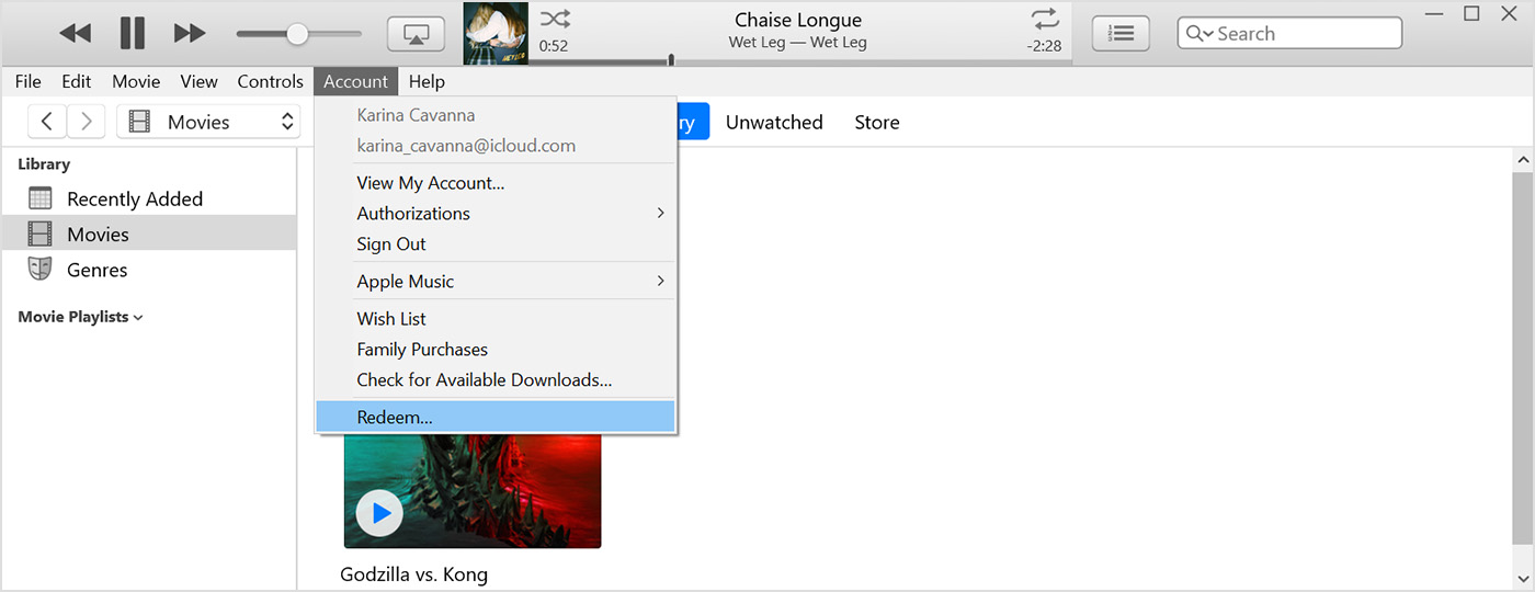 iTunes affichant l’option d’utilisation dans l’onglet Compte.