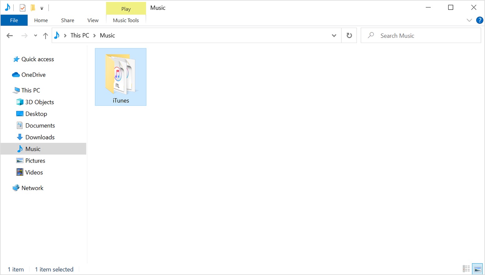 iTunes folder showing Music and iTunes selected