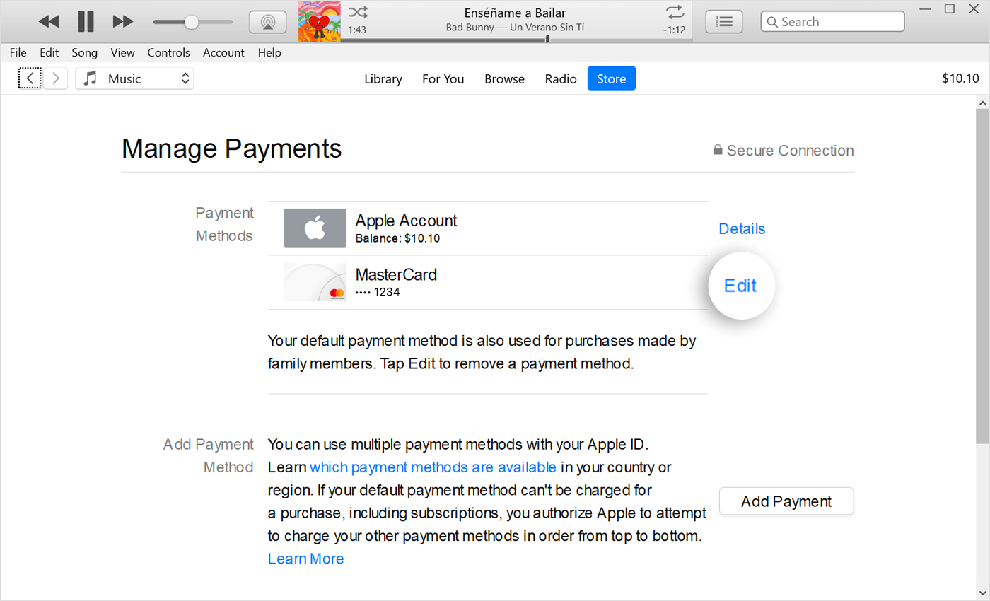The Edit button is next to the payment method in the list of payment methods.