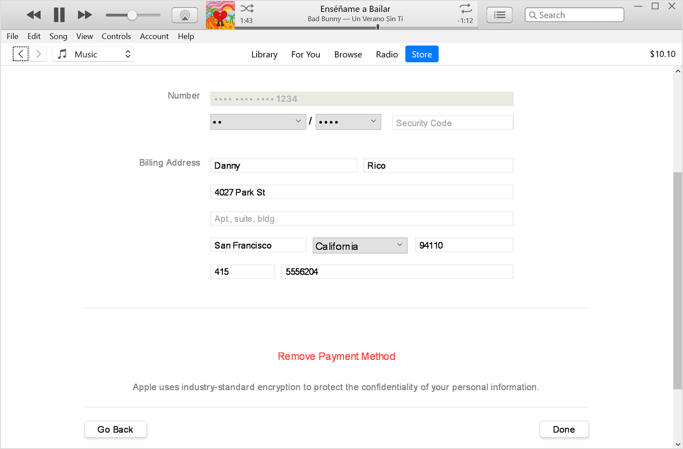 På en PC er knappen Remove Payment Method (fjern betalingsmåte) under adressen i iTunes.