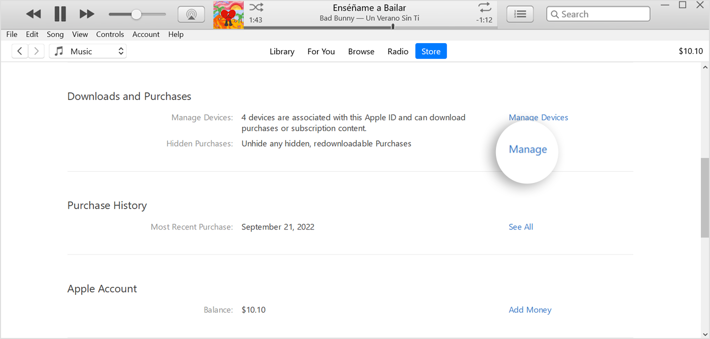 Where to find Manage in the Downloads and Purchases section in iTunes on a PC