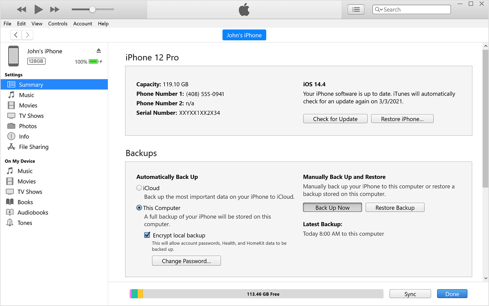 iTunes 窗口显示了“摘要”标签，且“立即备份”按钮已选中。