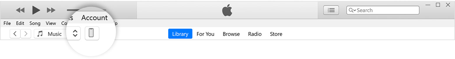 iTunes 菜单栏和放大显示的设备按钮。