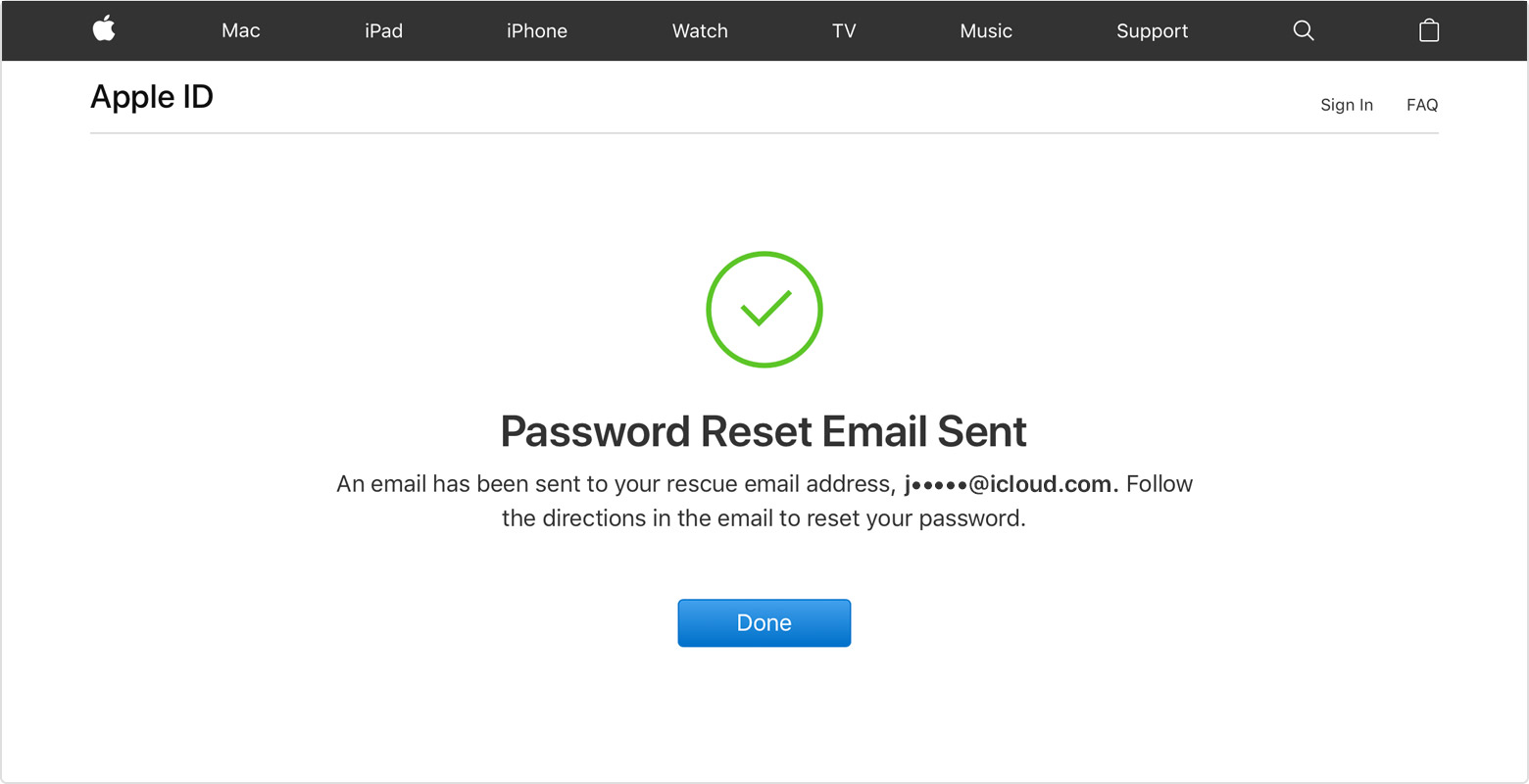 Apple ID screen showing Password Reset Email Sent
