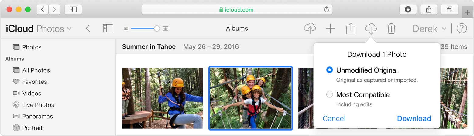 downloading a photo on iCloud.com