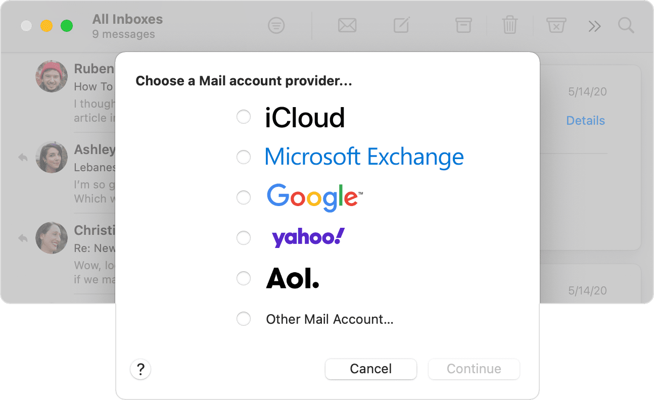 Choose a Mail account provider options