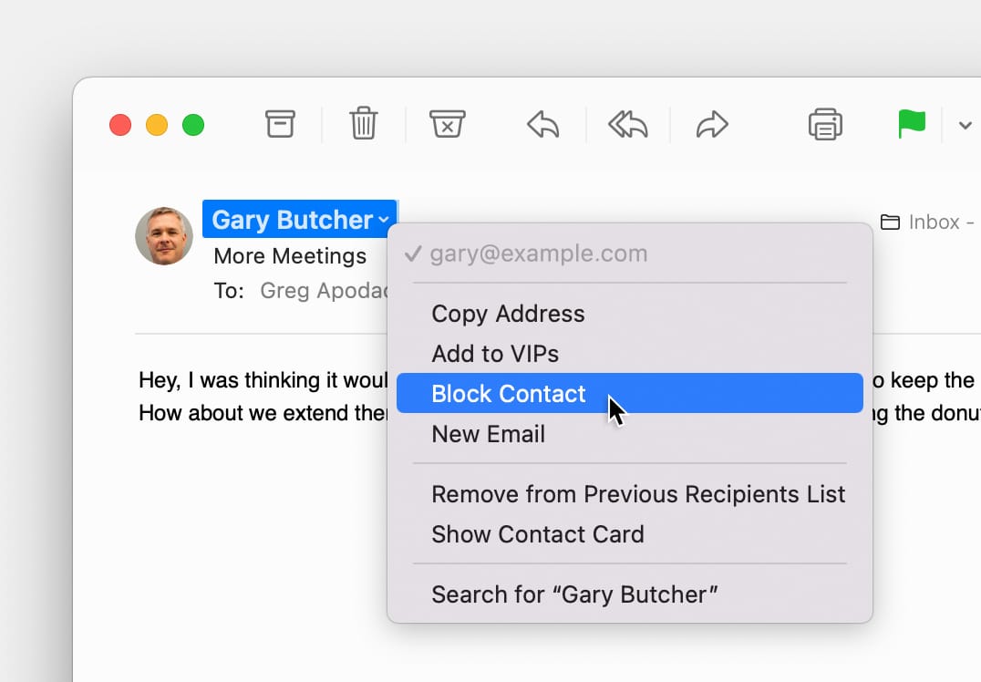 macOS Mail sender menu with Block Contact selected