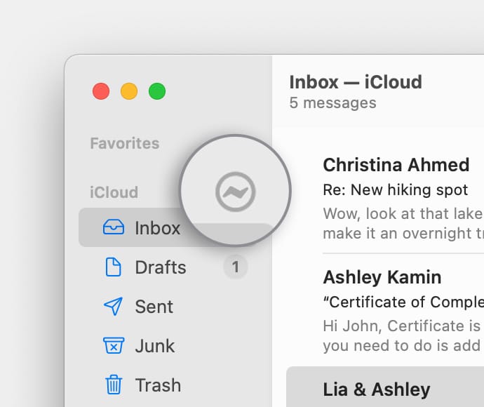 iCloud account in Mail sidebar with lightning bolt icon shown