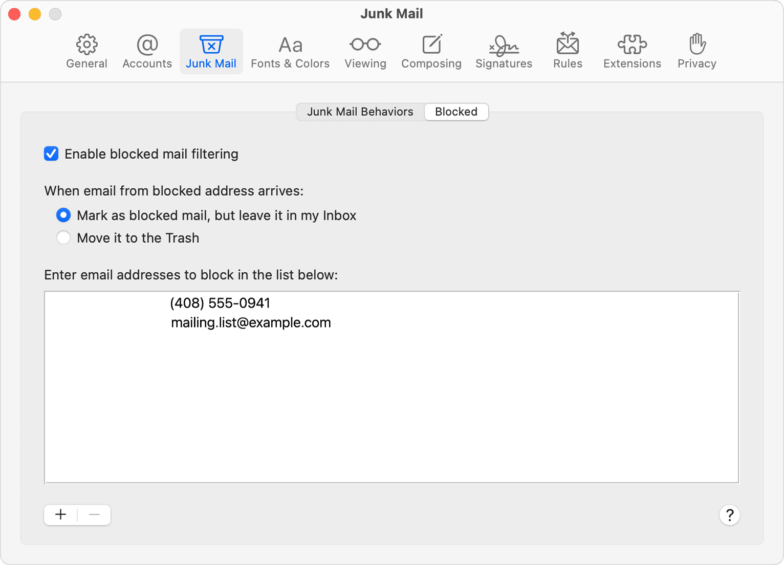 macOS Mail Preferences - Junk Mail