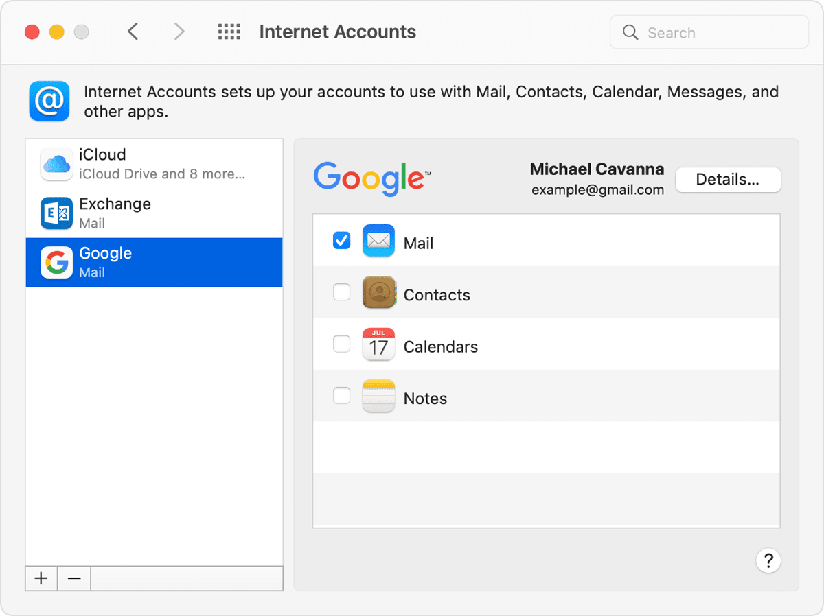 macOS System Preferences - Internet Accounts