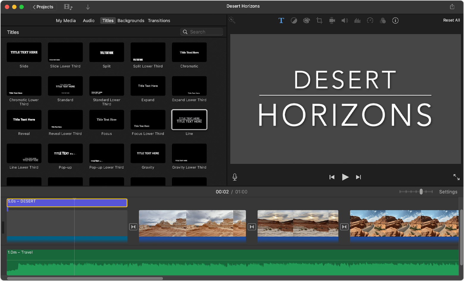 Mac iMovie project with titles inspector open