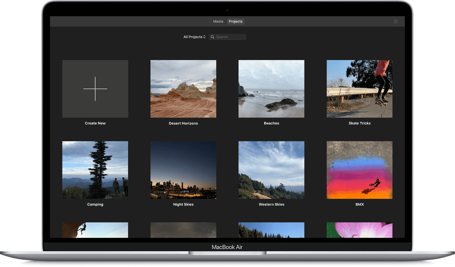 iMovie on Mac Projects gallery screen