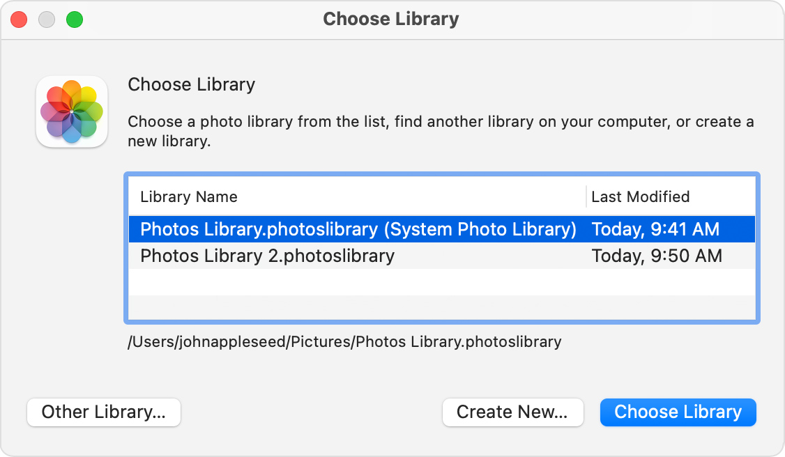macOS Photos app "Choose Library" window
