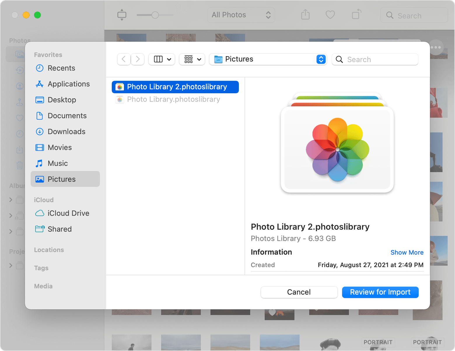 Photos Import window with a second photo library selected