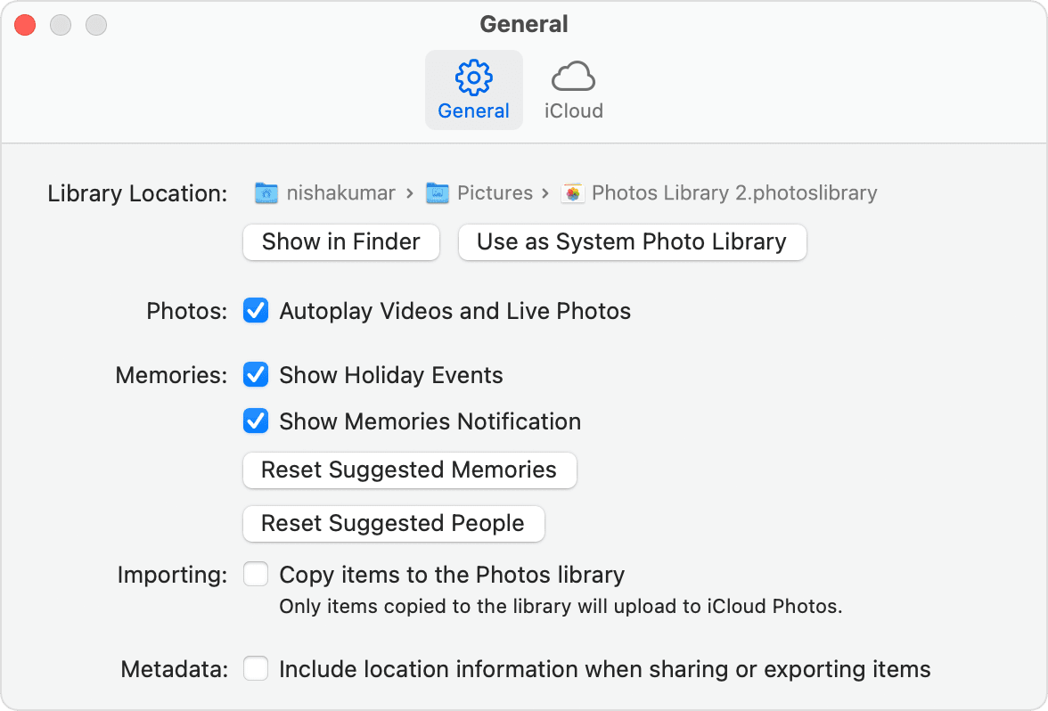 Photos General Preferences showing Use as System Photo Library button active.