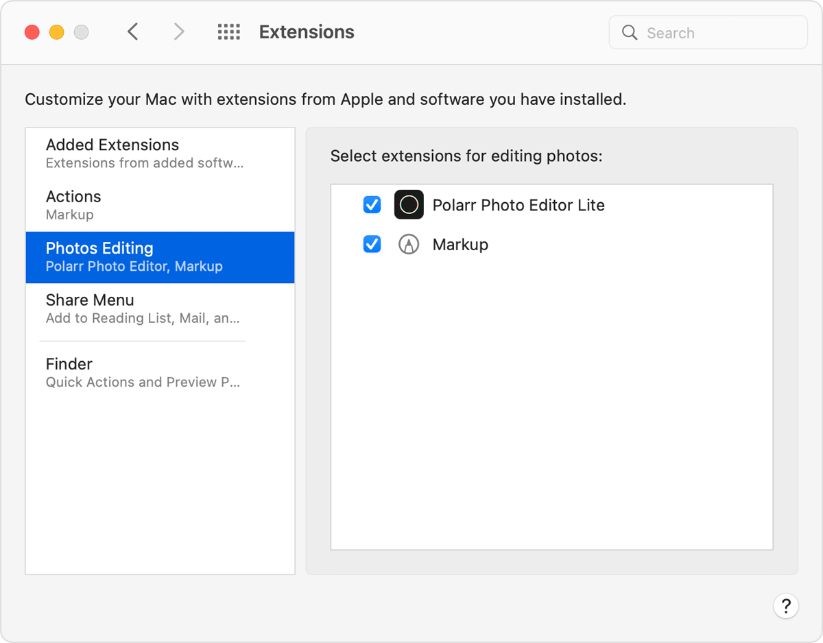 System Preferences Photo Editing Extensions