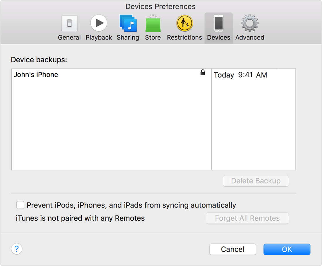 An encrypted backup viewed in iTunes