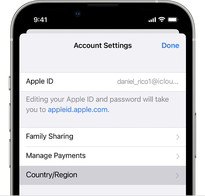 iPhone showing Country/Region in Account Settings.