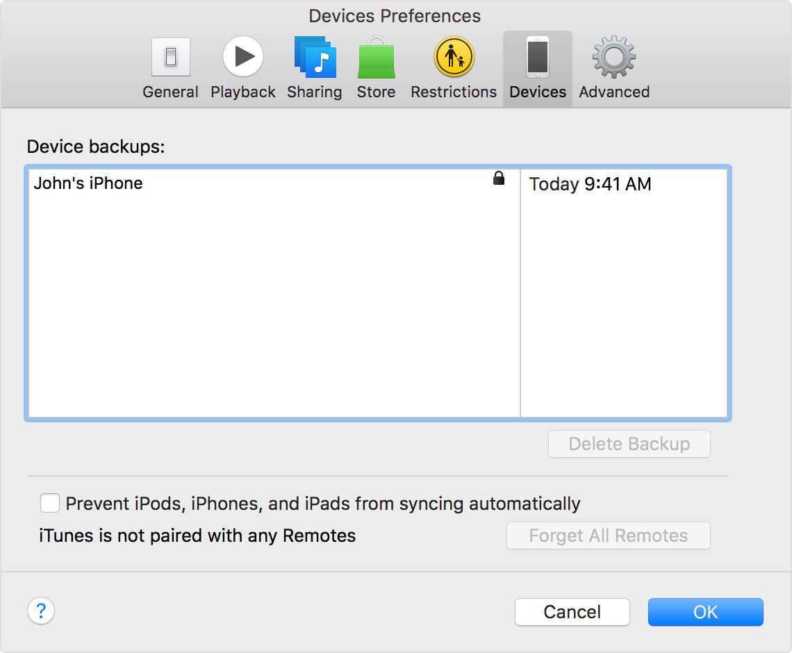 An iOS backup in iTunes