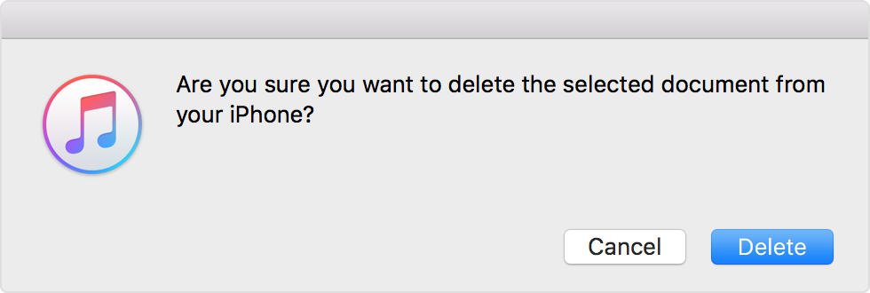 iTunes alert screen which says, "Are you sure you want to delete the selected document from your iPhones?" The options are to Cancel or Delete.